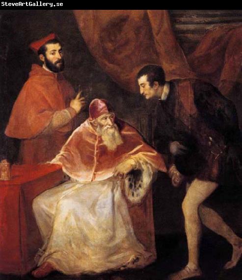 TIZIANO Vecellio Pope Paul III with his Nephews Alessandro and Ottavio Farnese